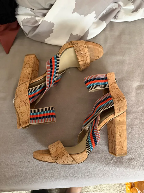Jessica Simpson Cork Wedge Sandals with Blue, Red, Black Straps - Image 2