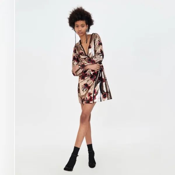 ZARA Gold with Red & Black Floral‎ Sequins Crossover Wrap Mini Dress Size XS - Image 7