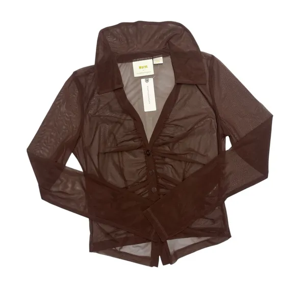 NWT Maeve by Anthropologie Brown Sheer Ruched Buttondown Blouse Women’s Size:S - Image 2