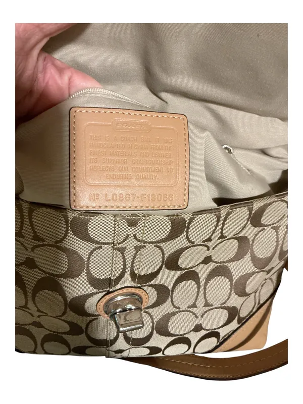 Vintage Coach Hamptons Signature Jacquard Flap Crossbody Bag | Tan Khaki Leather F13066 - Image 5