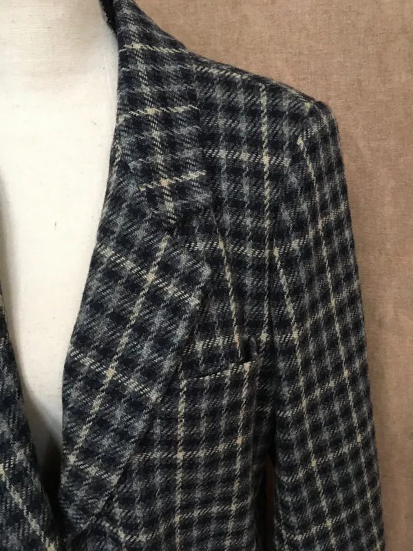Eddie Bauer Wool Check Long Blazer Jacket Cream Navy Blue M Academia - Image 8
