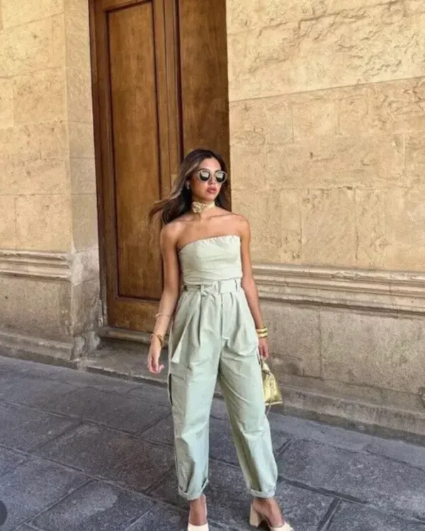 ZARA jumpsuit technical fabric cargo sleeveless wide streight leg light khaki - Image 2