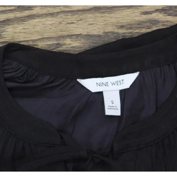 Nine West Womens Woven Pleat Neck Tie Woven Blouse Shirt Top WL11W005PP2 Black S - Image 3