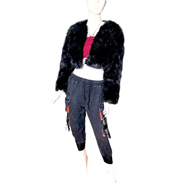 Womens Black Faux Fur Cropped Jacket Bolero Shrug Open Front Size Small - Image 2