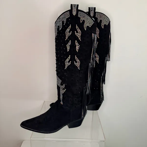 Nasty Gal Black Studded Diamante Suede Cowboy Fringe Boots - Image 2