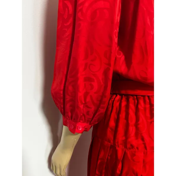 Argenti Vintage Red 100% Silk Jacquard Bow Belted Midi Dress Womens 6 - Image 6
