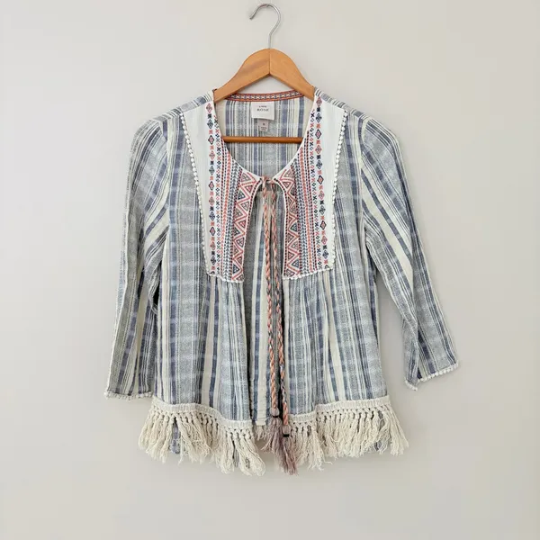 Knox Rose Cardigan Top M Cotton Boho Embroidered Fringe Blue Cream Peasant - Image 9