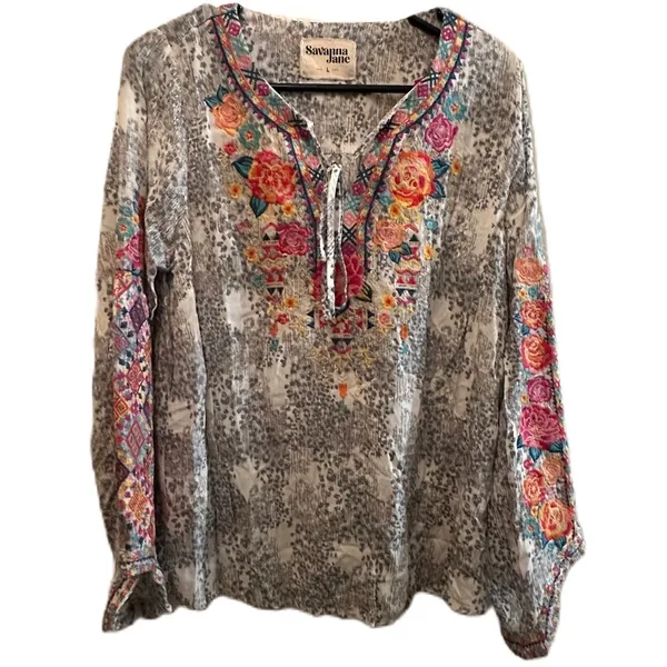 Savannah Jane Embroidered Boho Leopard Long Sleeve Blouse Size Large‎ - Image 5
