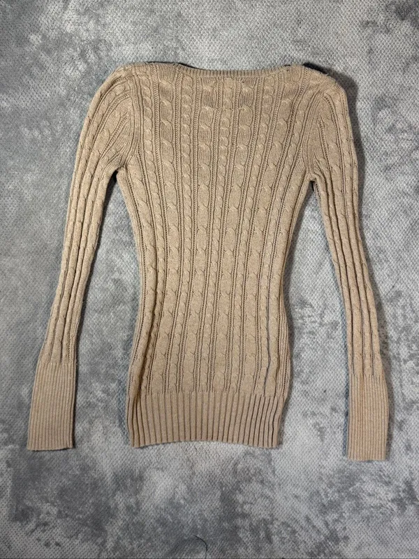 Vintage Y2K American Eagle Tan Cable Knit V-Neck Sweater Small Wool Blend Preppy - Image 7