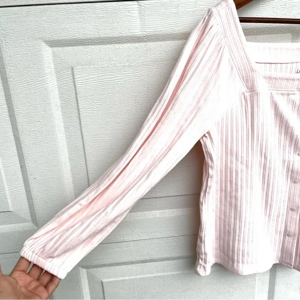 Loft Womens Shirt Pastel Pink Ribbed Square Neck Milkmaid Button Up Size Medium - Image 6