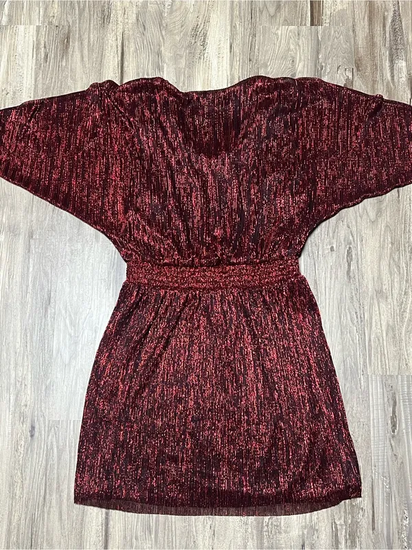 MSK Metallic Pleated Blouson Dress XL Red Black Shimmer Rhinestone Accent - Image 9