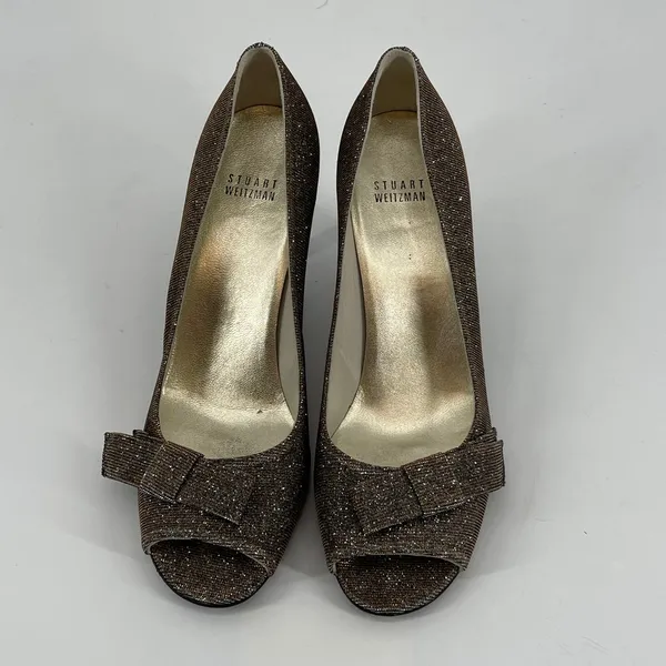 Stuart Weitzman Bronze Sparkle Peep Toe Bow Heels Evening Party‎ Shoes Formal - Image 3