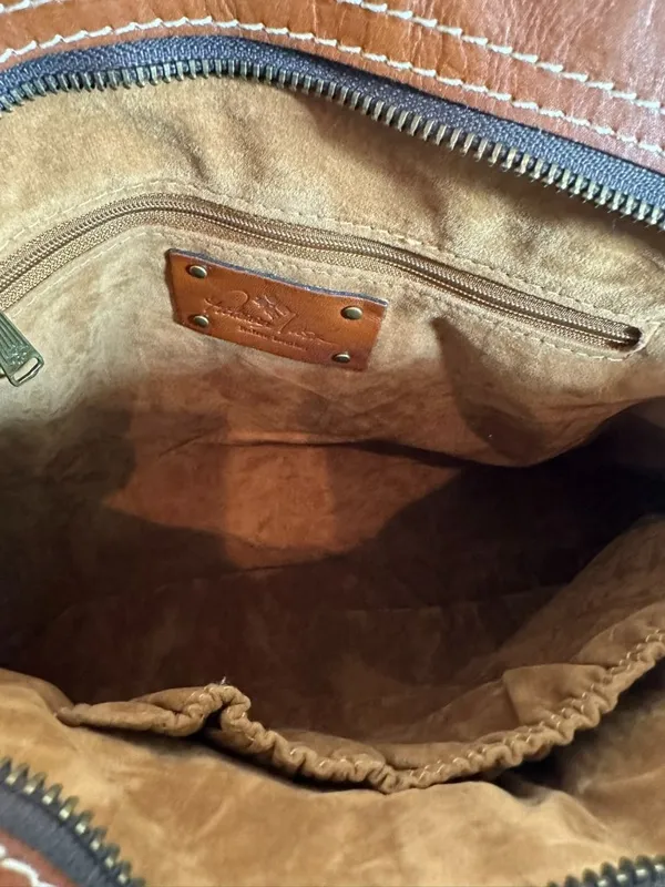Patricia Nash Cognac Leather Tote Shoulder Bag Contrast Stitching Large Zip Top - Image 10