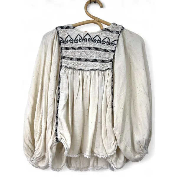 FREE PEOPLE L CYPRUS AVENUE Ivory Peasant Top Balloon Sleeve Embroidered Blouse - Image 2