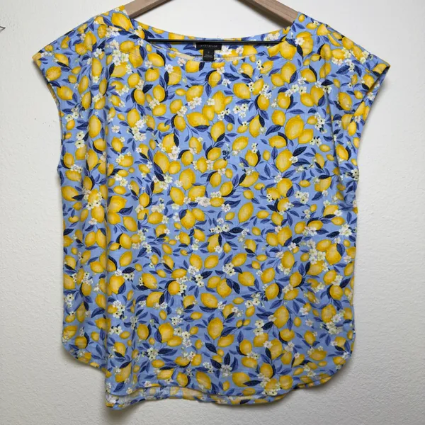 Ann Taylor Women Linen Top Small Blue Yellow Lemon Fruit Blouson‎ Gasset Resort - Image 3