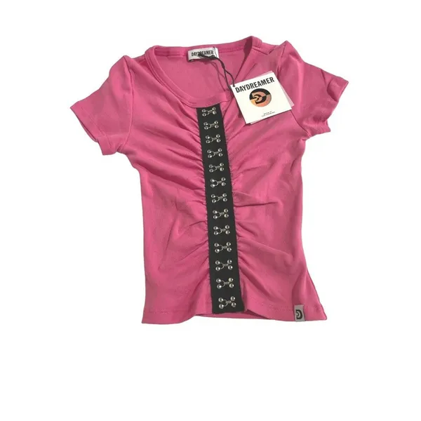 Daydreamer Pink Ribbed Baby Tee Cropped Y2K Fitted Graphic Top Large - Image 3
