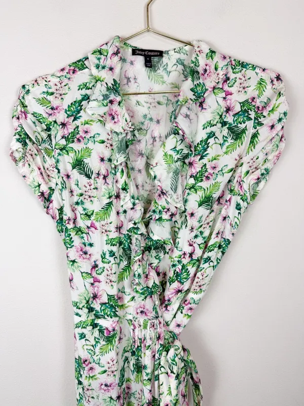 Juicy Couture Allover‎ Floral Wrap Dress Ruffle White Green Pink Size 0 - Image 3