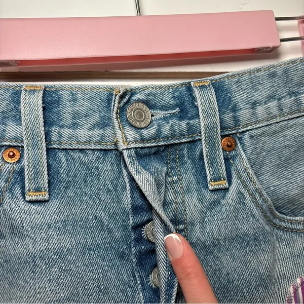 Levi's 501 Denim Shorts High Waisted Daisy Patchwork Shorts - Image 5