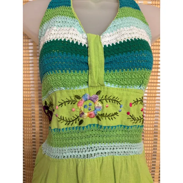 Boho Chic green crochet floral embroider halter cotton dress high low skirt sz S - Image 4
