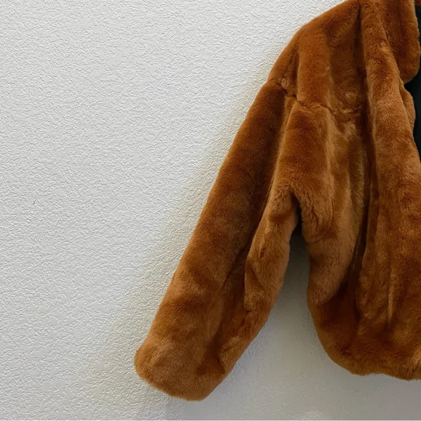 Free People $168 Faux Fur Furry Bomber Jacket Terracotta Golden Brown Size S - Image 7