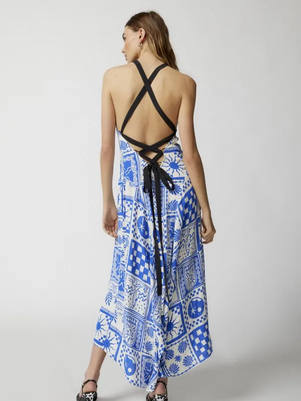 Urban Outfitters Strappy open back Blue & White Printed Halter Maxi Dress - Image 3