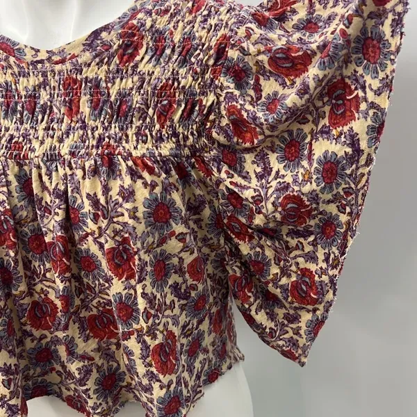 Free People small floral boho flutter sleeve linen cotton cropped top - Image 6