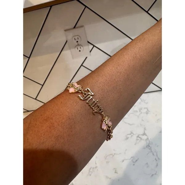 Juicy Couture gold tone bracelet Juicy logo pink heart & bow comes with earrings - Image 9