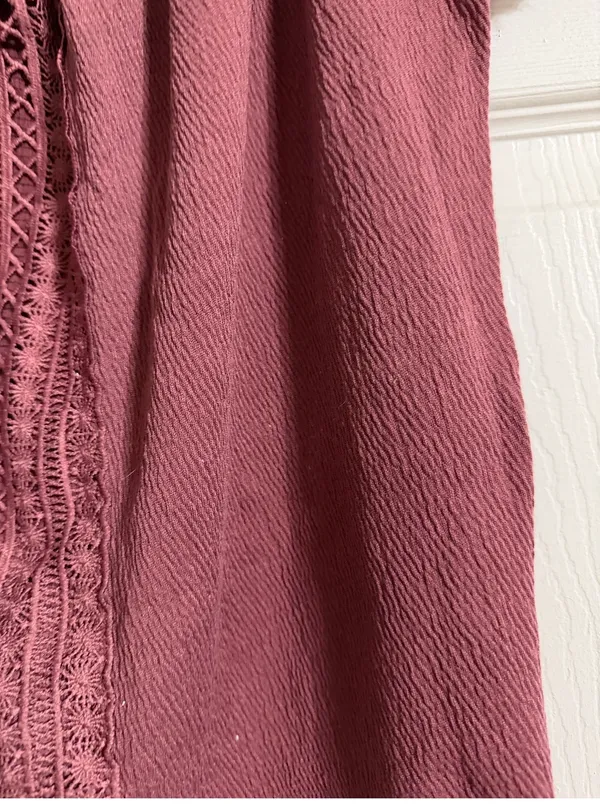 Colosa Boho Crochet Lace Peasant Top Burgundy Mauve Short Sleeve Size L - Image 8