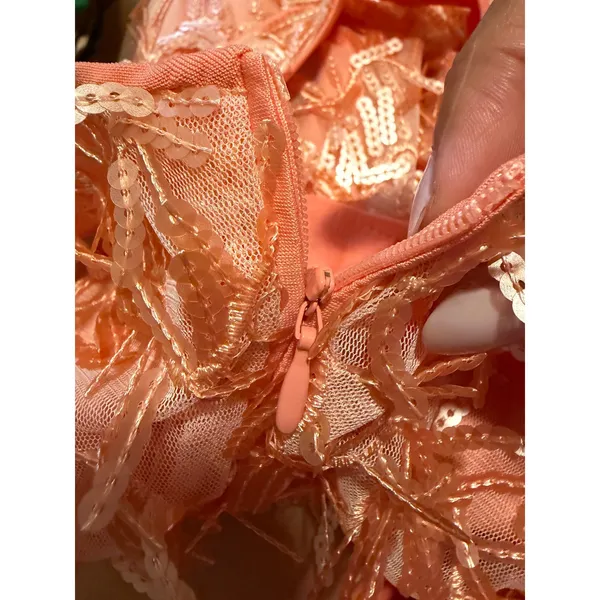 SHEIN Peach Sequin Fringe Mesh Mini Dress Square‎ Neck Bodycon M - Image 5