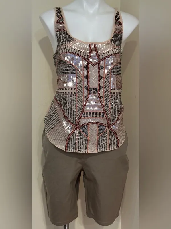 EXPRESS Pink Gray & Champagne,Color Beaded Light Material Camisole Top Sz M - Image 3