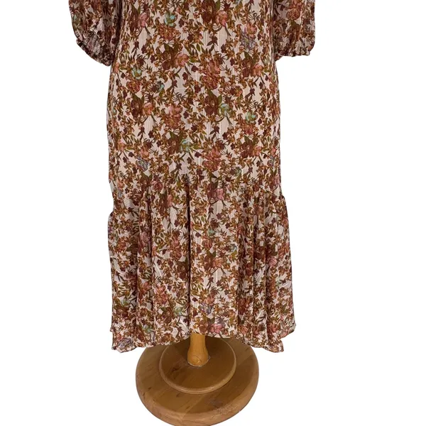 Taylor Floral High-Low Midi Dress‎ 8 Brown Gold Metallic Boho Puff Sleeve - Image 9