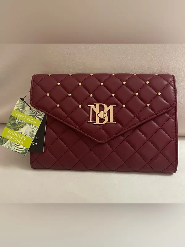Badgley Mischka NWT Crossbody Diamond Quilting Round Studs on Front Wine Gold - Image 4