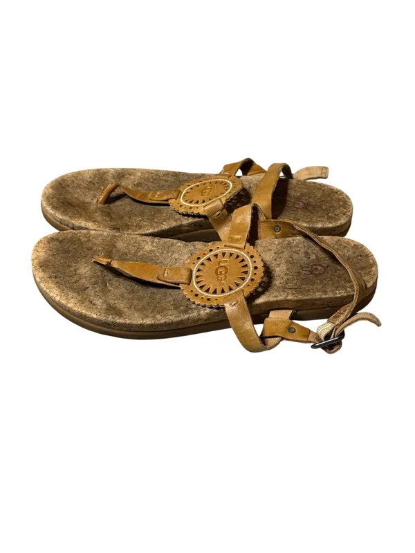 UGG Ayden II Brown Leather Medallion Cork Thong Slingback Sandals Size 8 - Image 4
