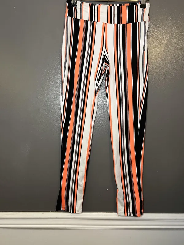 Rainbow Sandals Rainbow Pants Womens Small Black White Orange Stripe Leggings Made USA Pull On - Image 2