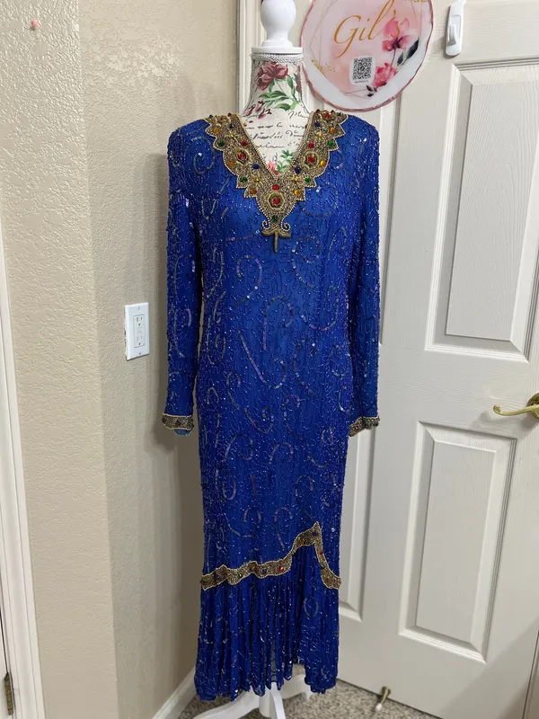 Vintage Tan-Chho Pure Silk Beaded Sequin Maxi Gown Dress Royal Blue Size XL 80’s - Image 2