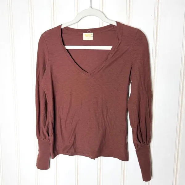 Nation LTD Womens Mahogany Brown Slub Cotton V-Neck Puff Sleeve Top Gold Snaps S - Image 7