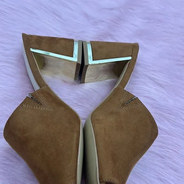 Halston Vegan suede dress sandal gold detail cognac color - Image 9