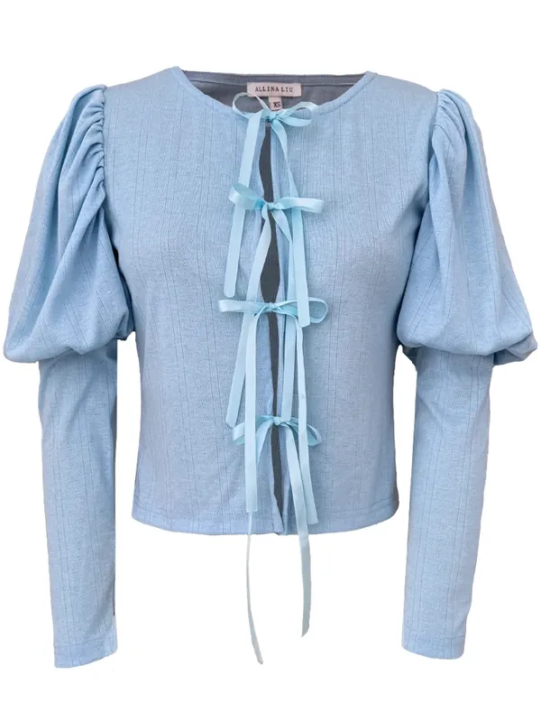 NWT Allina Liu Mitski Pointelle‎ Cardigan Baby Blue Tie Front Womens Size XXS - Image 7