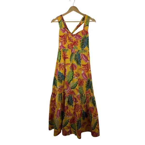 Farm Rio Yellow Beaks & Bananas Cotton Maxi Dress Small Tropical Toucan Tiered‎ - Image 2