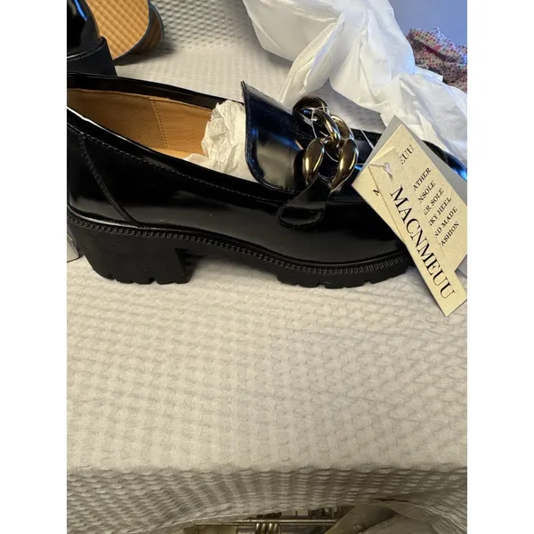MACNMEUU Chunky Platform Loafer Comfort‎ Slip On Chain Faux Leather Women's 9 - Image 2