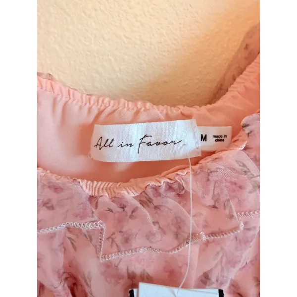 All in‎ Favor Mini Dress Women Medium Pink Pink Mauve Floral Sheer Puff Sleeve - Image 3