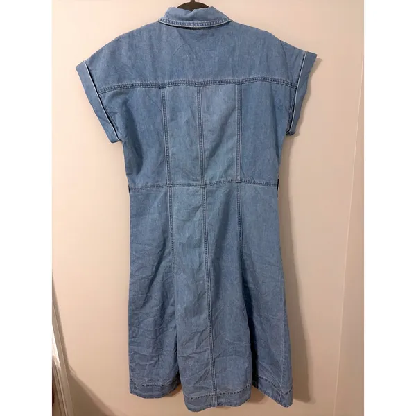 Blue Denim Short Sleeve Button Front Midi Shirt Dress Light Wash Small - Image 4