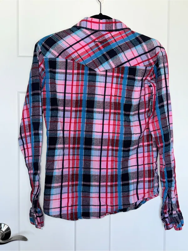 Pink and Blue Plaid Flannel Button Down Size 4 - Image 2