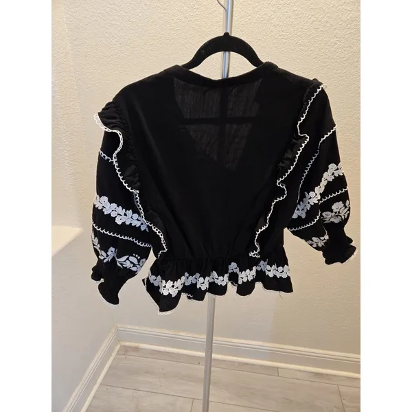 SHEIN Floral Embroidered Peplum Blouse Black V-Neck Ric Rac Top Women Size M - Image 6