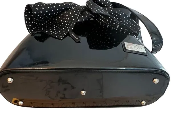 Beijo Black Vegan Patent Leather Paper Bag Handbag Polka Dot Scarf Twee Preppy - Image 7
