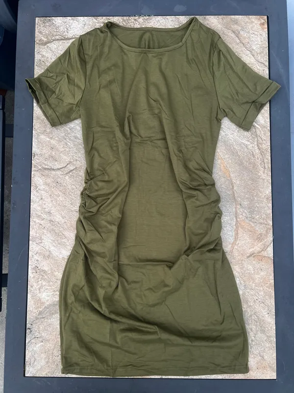 Boutique Army Green Maternity Short Sleeve Cuff Sleeve Ruched Bodycon Dress - Image 2