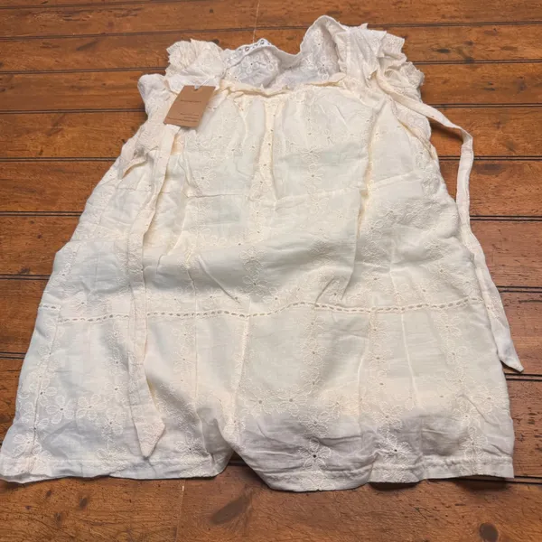 SooLinen Natural Linen Embroidered Eyelet Lace Halter‎ Mini Dress Cream Boho - Image 5