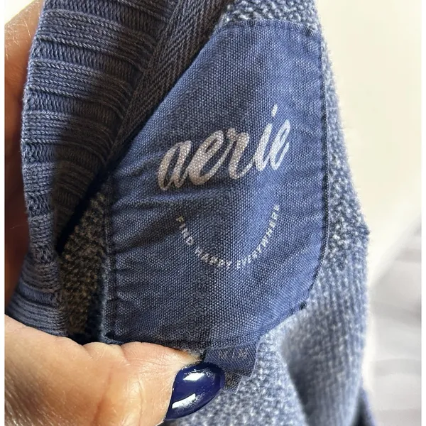 Aerie "Checked Out" Graphic Sweatshirt Blue Ribbed Crew Neck Oversized Medium - Image 5