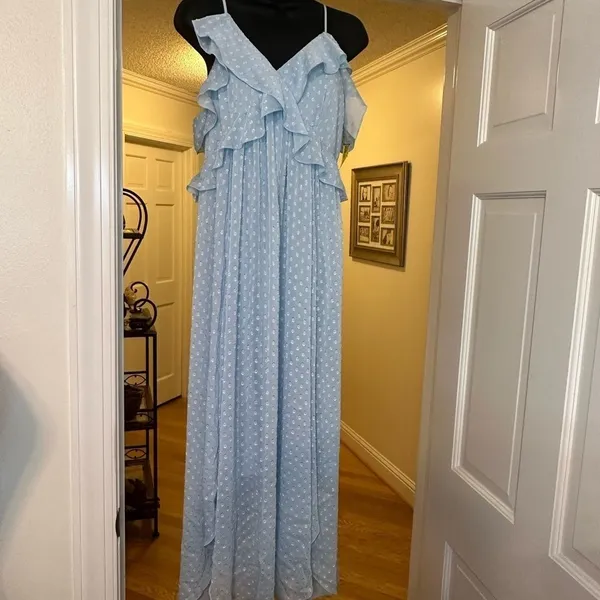 CHELSEA 28 Light Blue Ruffle Neck Spaghetti Strap MIDI Dress size Medium EUC - Image 13