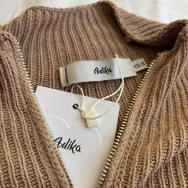 Adika Beige Double Zipper Ribbed Long Sleeve Jacket - Image 3